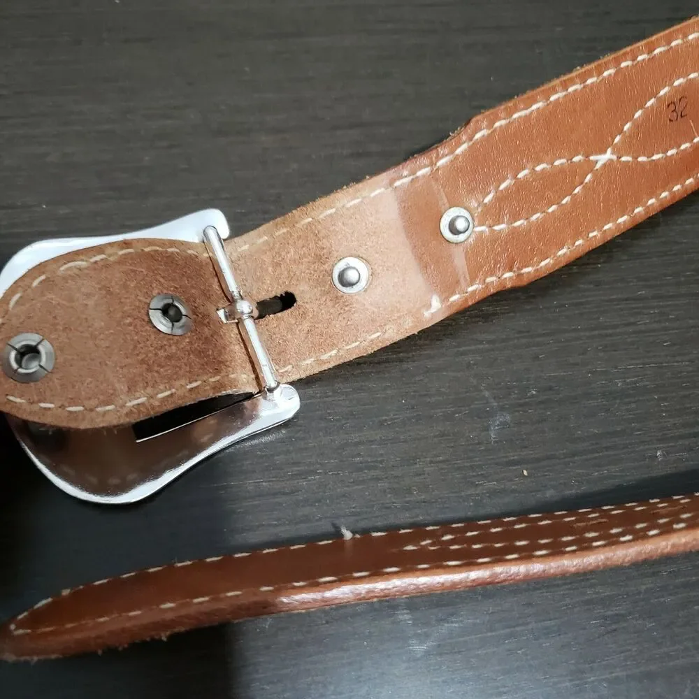 Justin Brown Tan Leather Reversible Belt Silver Buckle 32 Stitching Accents